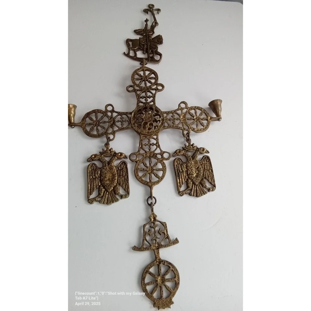 Vintage Ornate Metal Cross Wall Hanging Candlestick‎ Holder Religious Decor
